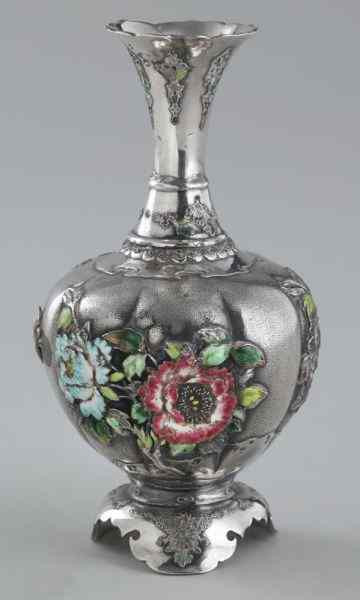 Appraisal: Japanese enamel over silver vasedepicting peony blossoms signed ''H Circa