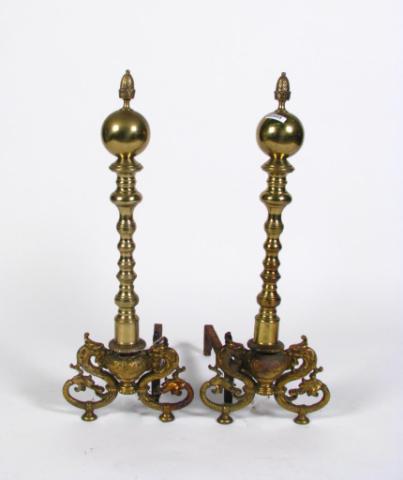 Appraisal: Pair of Figural Brass Andirons with opposing serpents acorn finials