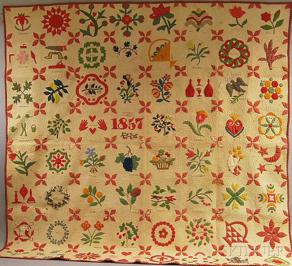 Appraisal: Pieced and Appliqued Cotton Album Quilt appliques depicting tools foliate