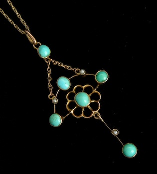 Appraisal: A Vintage Persian Turquoise and Seed Pearl Pendant and Chain