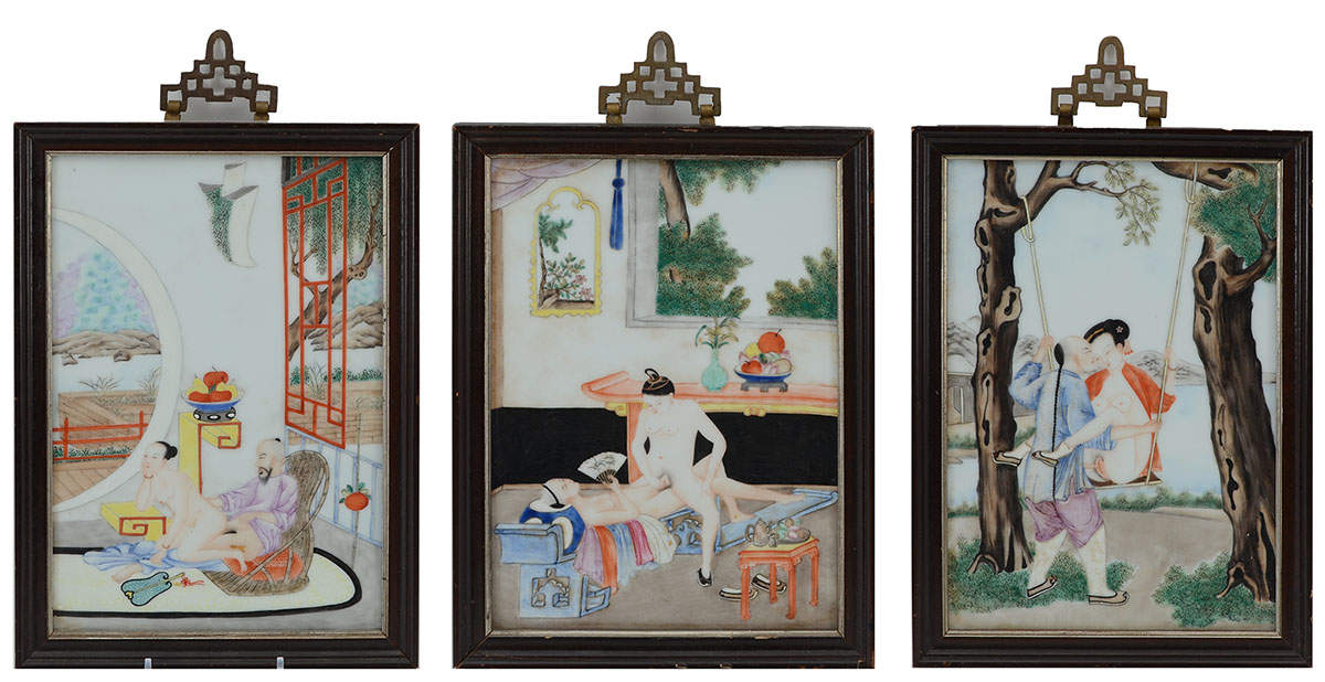 Appraisal: CHINESE PORCELAIN EROTIC PLAQUES hand enameled plaques each featuring various