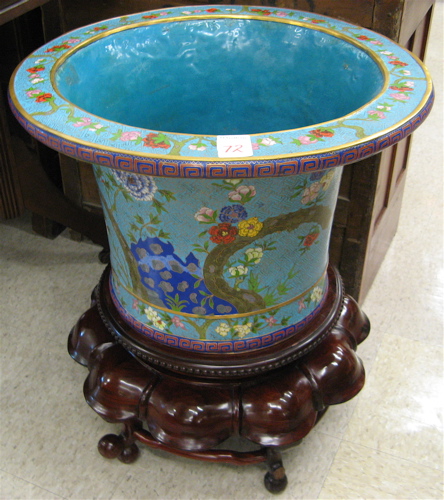 Appraisal: LARGE CLOISONNE ENAMEL JAR ON ROSEWOOD STAND Chinese th century