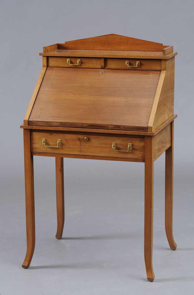 Appraisal: EDWARDIAN BRASS-MOUNTED SATINWOOD SLANT FRONT DESK The galleried two-drawer superstructure