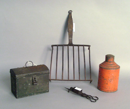 Appraisal: Iron trivet together with a snuffer tole caddy and tole