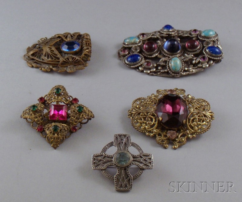 Appraisal: Five Paste-inset Costume Brooches Clips including one Celtic style brooch