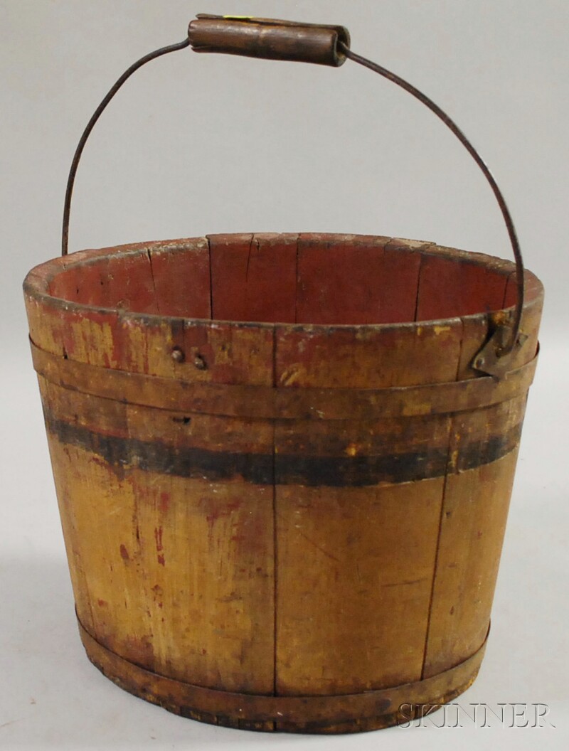 Appraisal: Yellow-painted Stave-and Hoop-constructed Wooden Bucket red-painted interior wire bail with