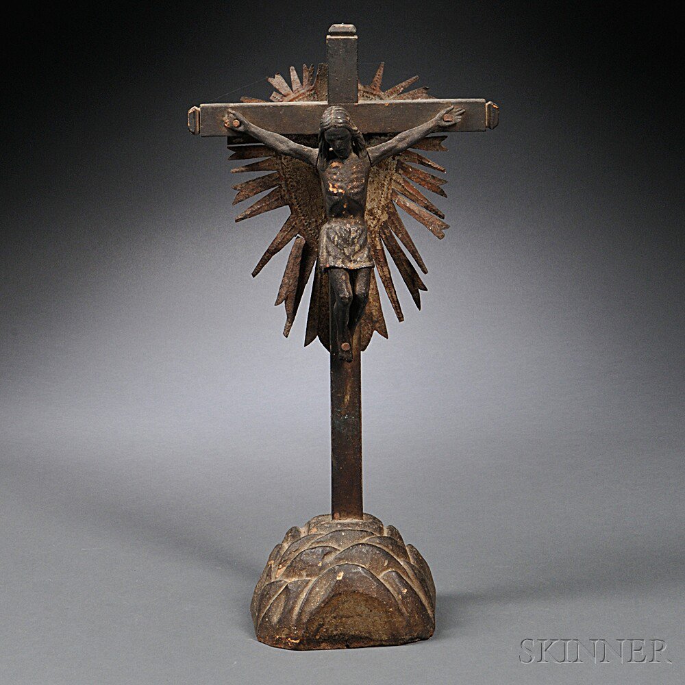 Appraisal: Spanish Colonial Wood and Iron Crucifix th century the black-painted