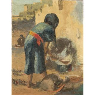 Appraisal: Villager Painting Unframed oil on canvas of a female villager