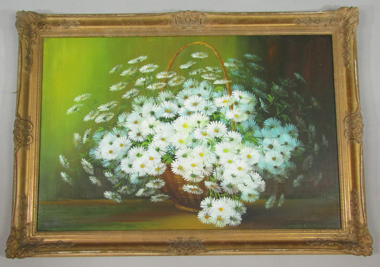 Appraisal: Nancy Lee thC Still life basket of summer flowers on