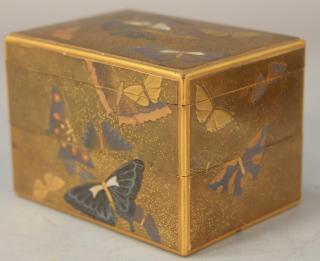 Appraisal: Japanese lacquered cosmetic box background surfaces are Nashiji particles of