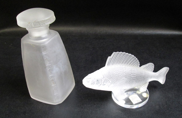 Appraisal: LALIQUE CRYSTAL PERFUME AND FIGURAL FISH two pieces Fleurettes perfume