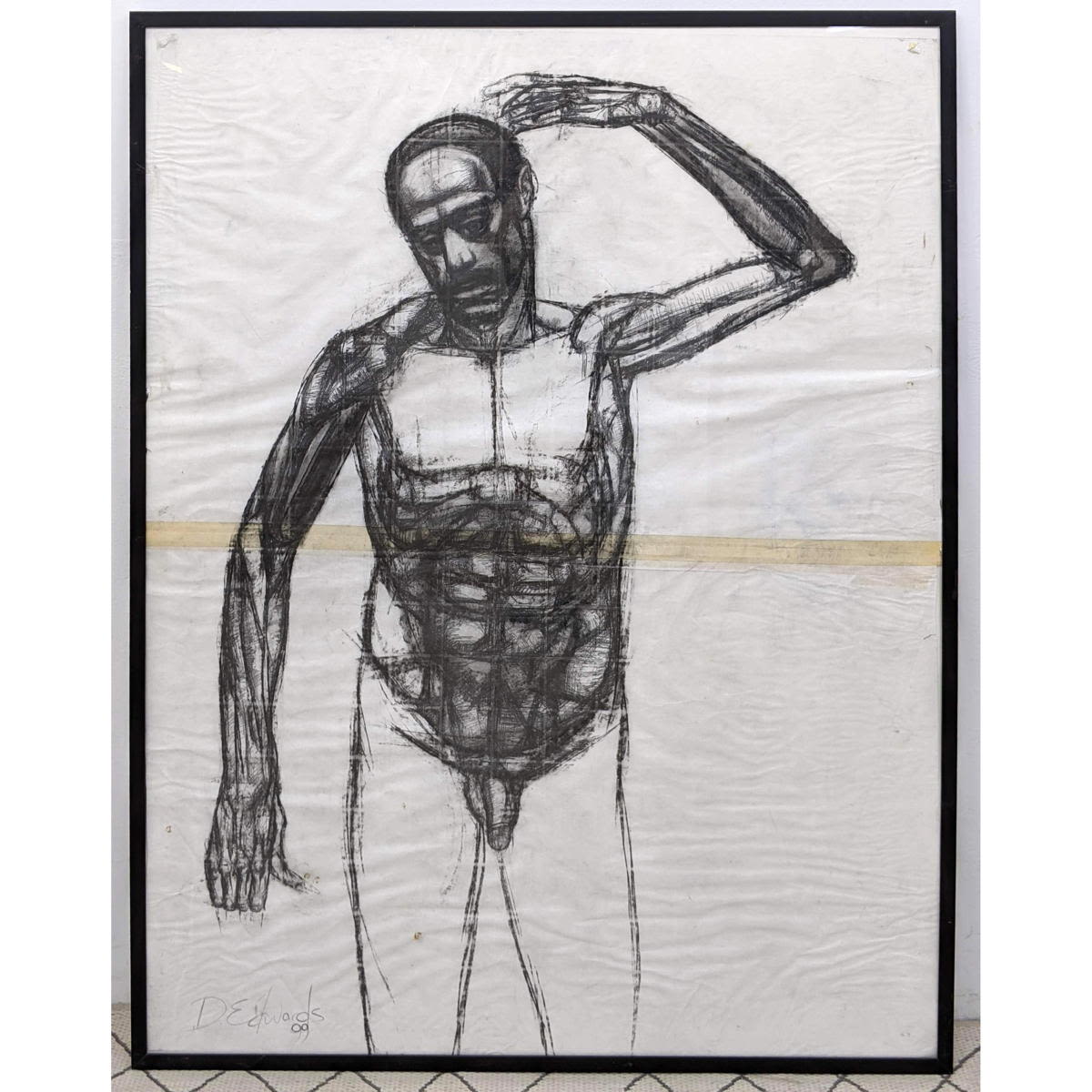 Appraisal: D EDWARDS Large drawing of Nude Man Dimensions H inches