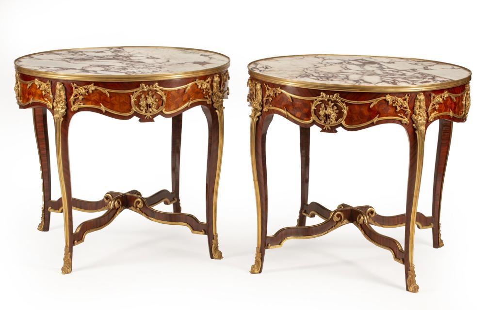 Appraisal: Pair of Louis XV-Style Bronze-Mounted Kingwood and Parquetry Gueridons inset