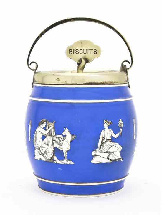 Appraisal: A Wedgwood Silverplate Mounted Biscuit Barrel having swing handle decorated