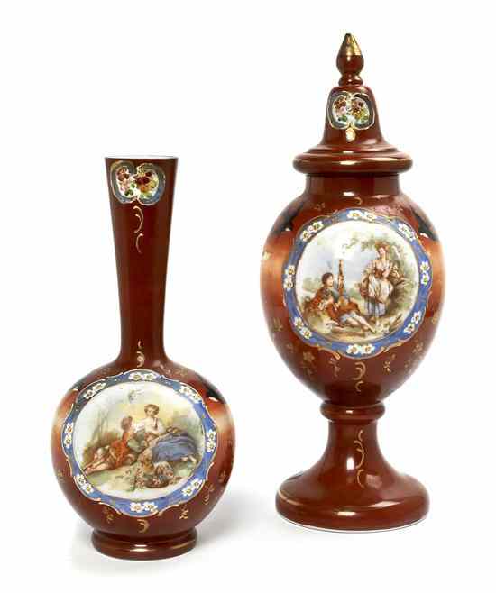 Appraisal: Two Continental Enameled Glass Vases the first of baluster form