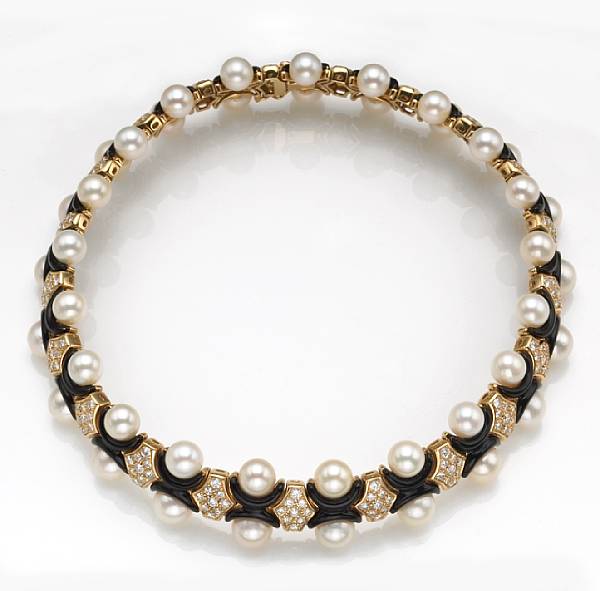 Appraisal: A cultured pearl diamond black onyx and k gold collar