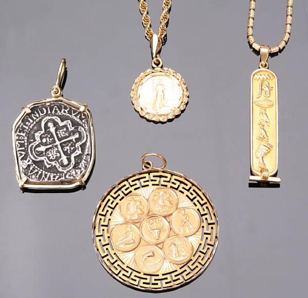 Appraisal: A collection of gold and silver coin replicas and chains