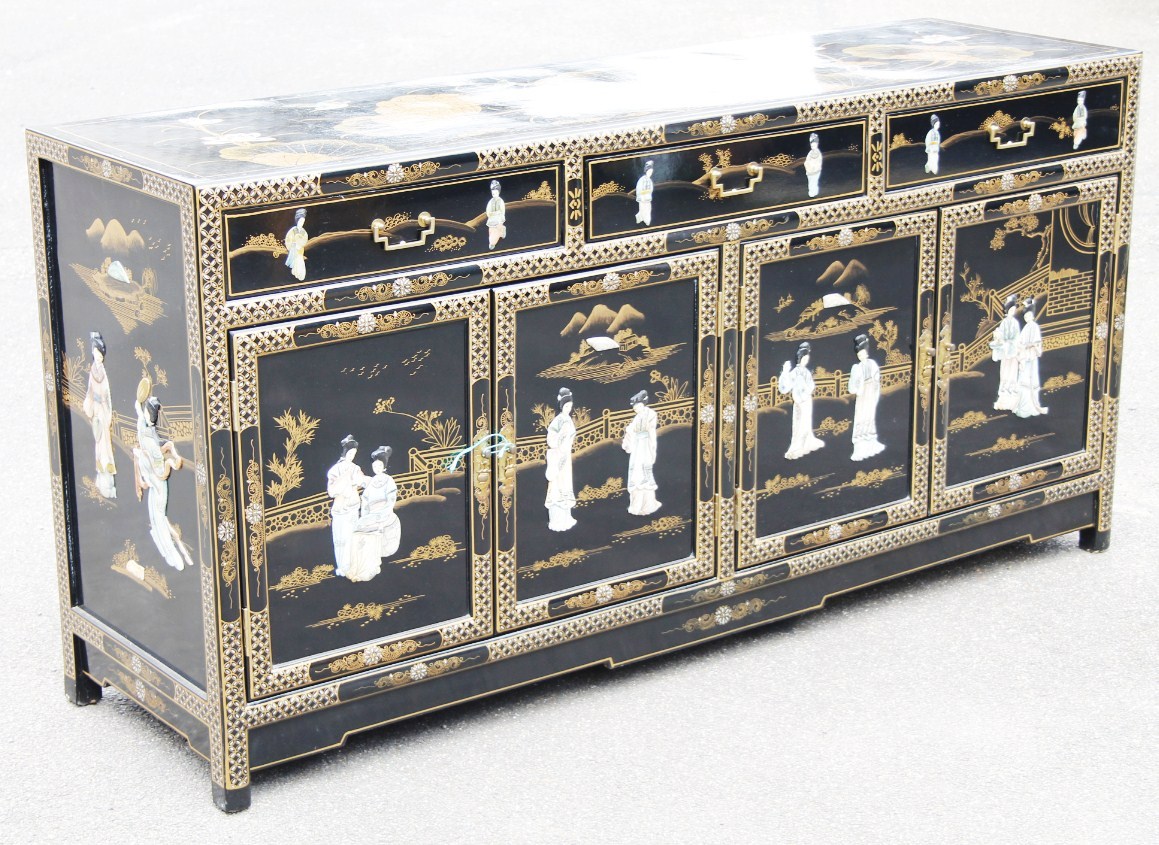 Appraisal: A modern oriental design lacquer finish sideboard of rectangular outline