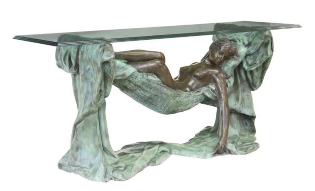 Appraisal: Glass top bronze base console table late th c the