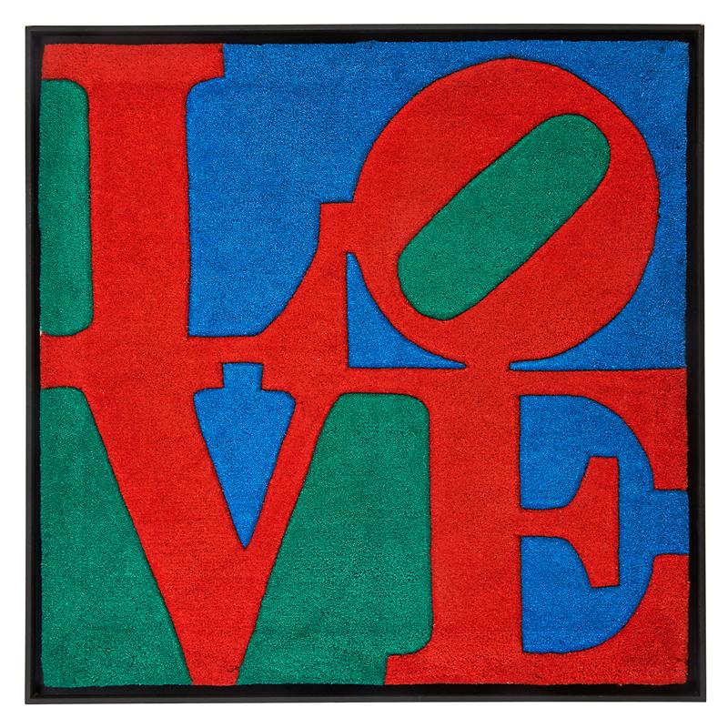 Appraisal: AFTER ROBERT INDIANA Carved and tufted wool wall-hanging Classic Love