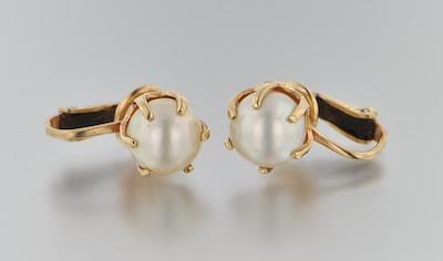 Appraisal: A Pair of Pearl Earrings k yellow gold earrings set