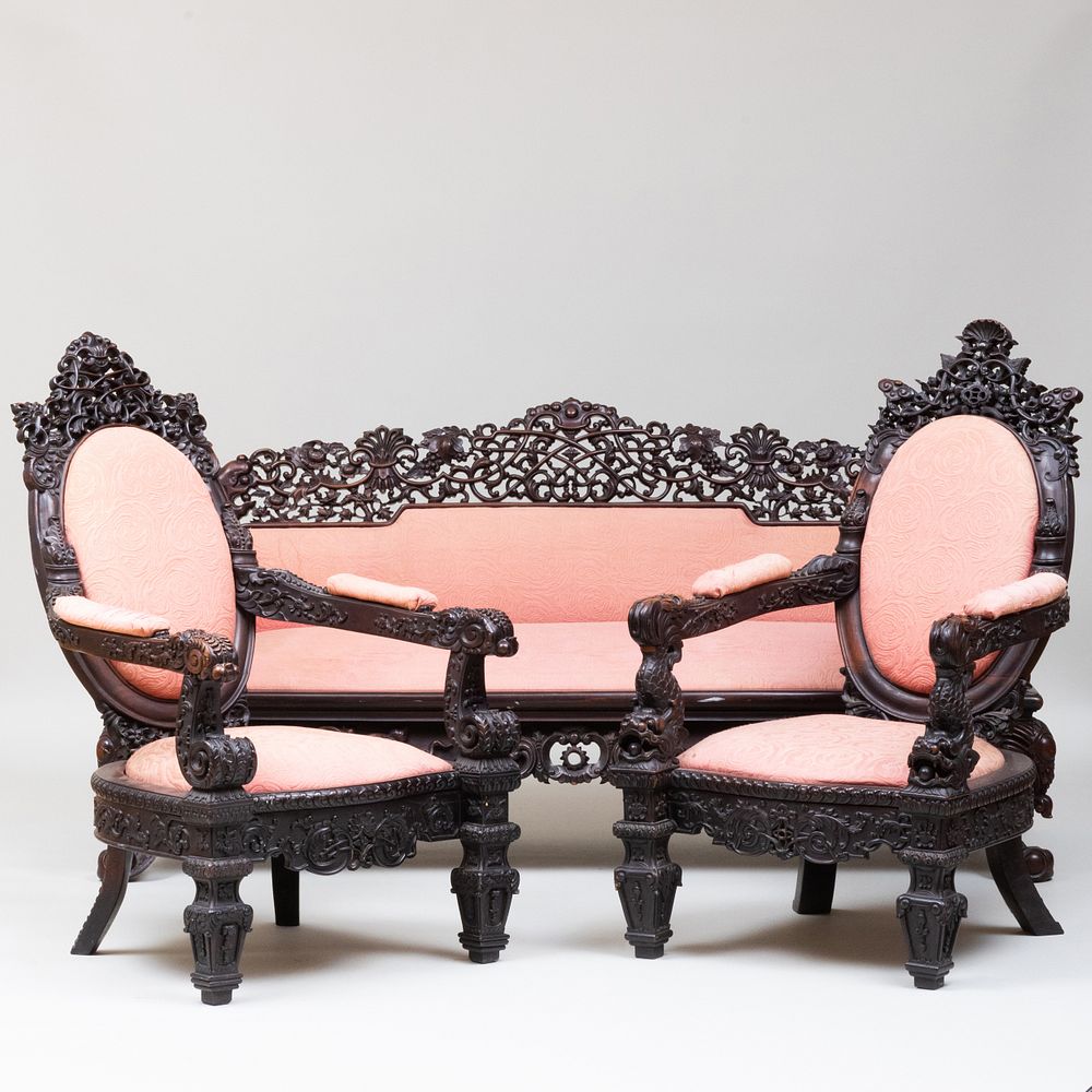 Appraisal: Chinese Export Carved Hardwood and Upholstered Parlor Set Comprising A