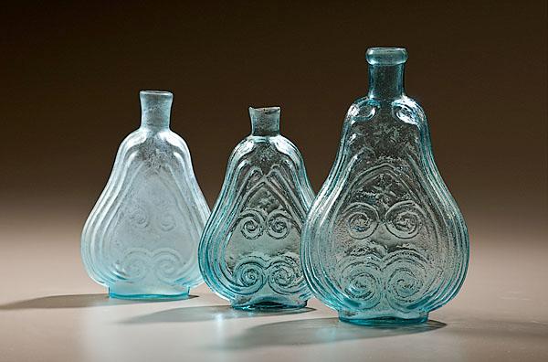 Appraisal: AQUA SCROLL FLASKS American ca - Three flasks includes a