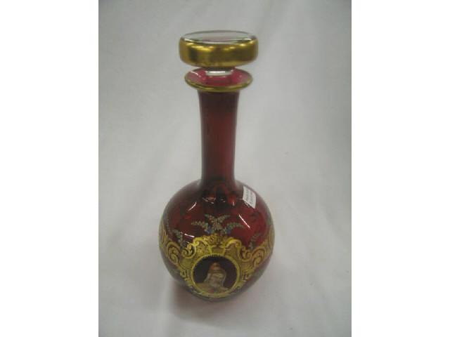 Appraisal: Victorian Enameled Cranberry Art Glass Decanter portrait gold trim