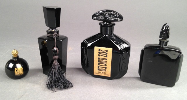 Appraisal: Four Black Glass Perfume Bottles Including a Jeanne Lanvin bottle