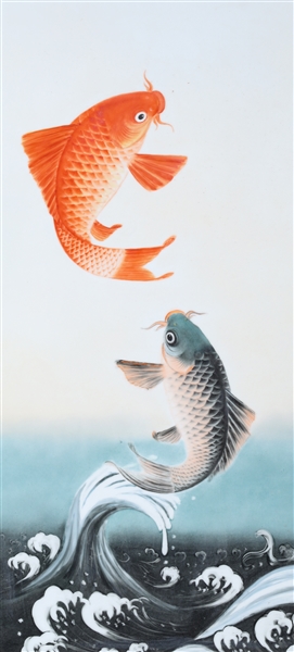 Appraisal: Large Chinese framed porcelain plaque with two koi fish calligraphy