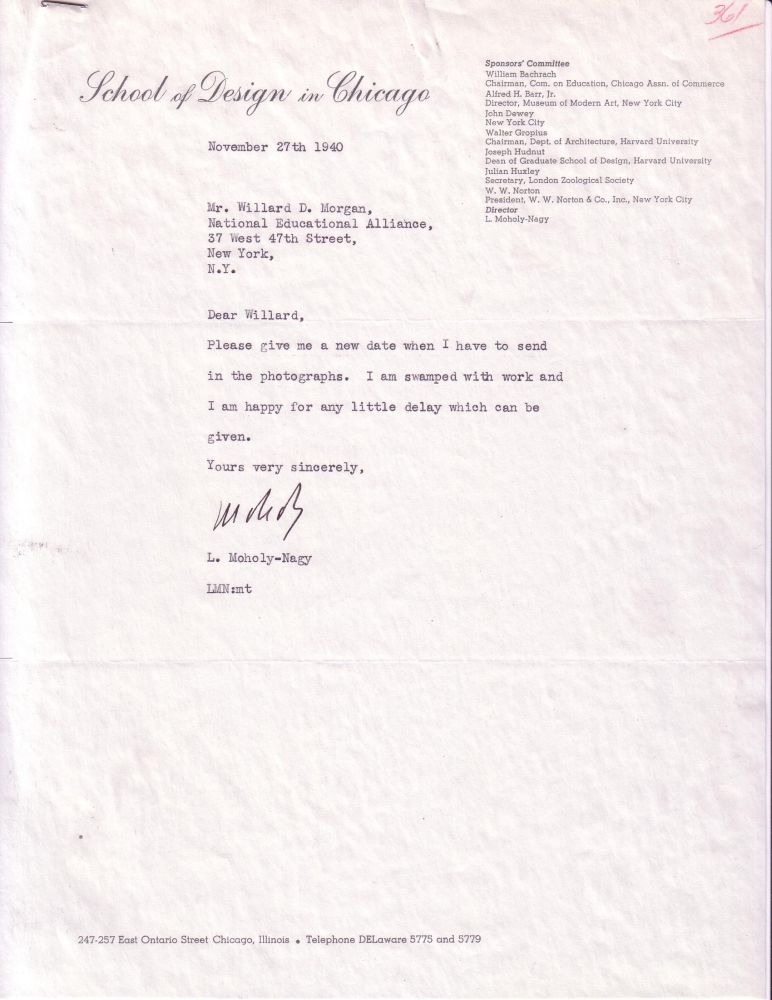 Appraisal: MOHOLY-NAGY LASZLO Typed Letter Signed Moholy to Willard D Morgan