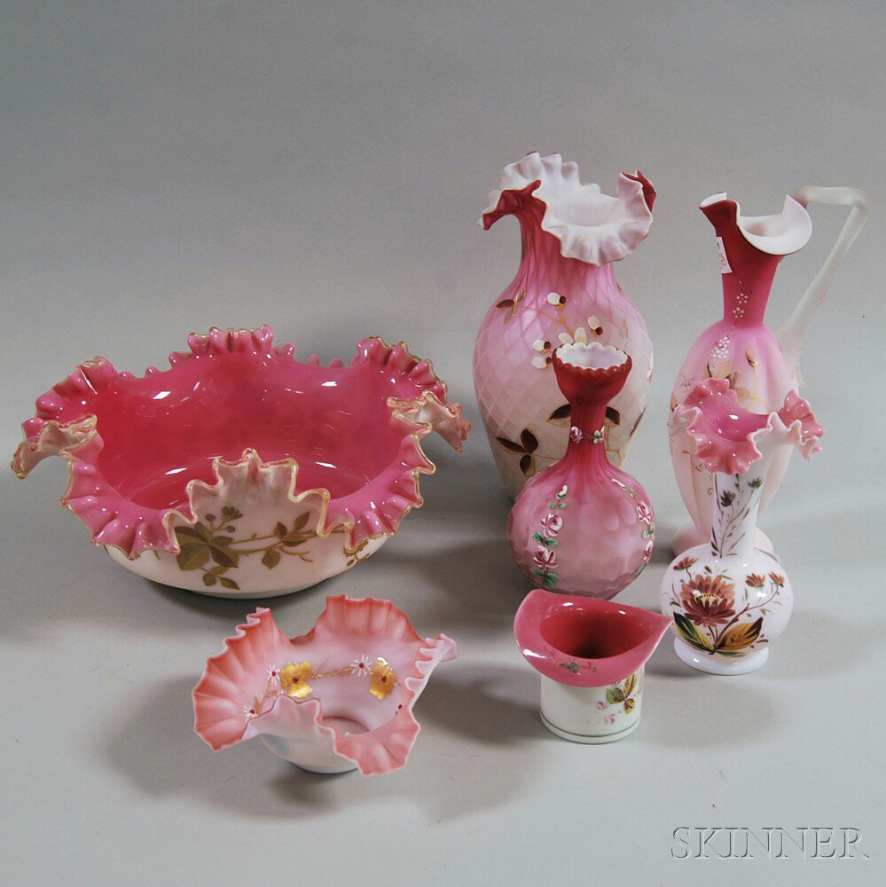 Appraisal: Seven Pieces of Pink Hand-painted Victorian Satin Glass two ruffled-rim