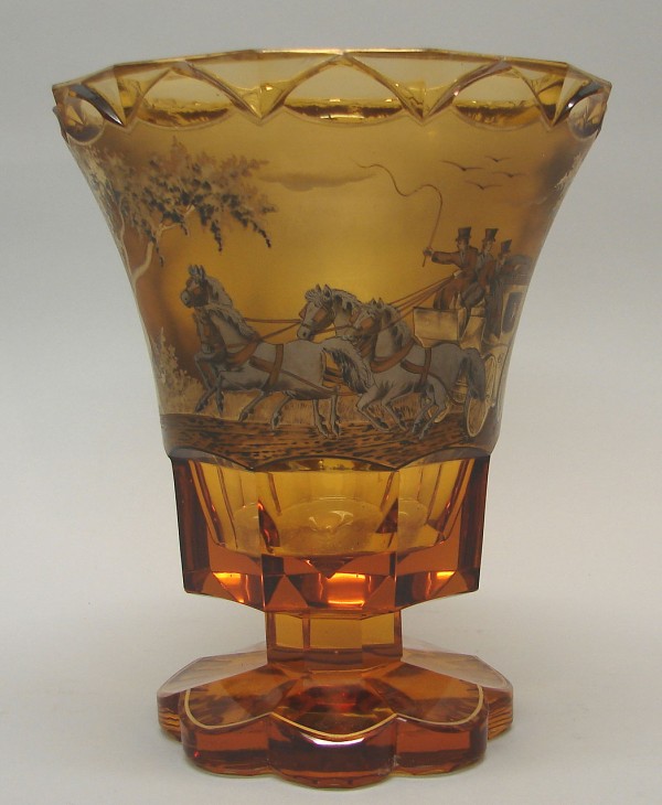 Appraisal: Vase features hand painted panoramic landscape with stagecoach gilt accents