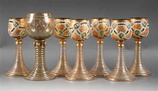 Appraisal: Set of six Bohemian enameled parcel-gilt decorated glass wine stems