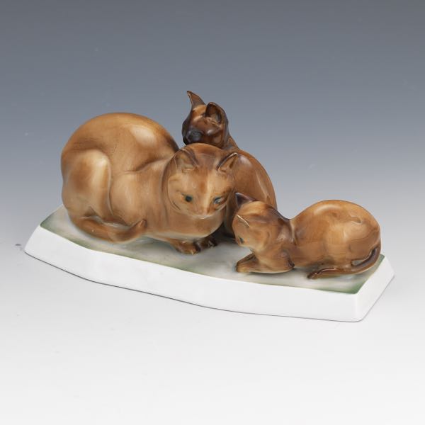 Appraisal: ZSOLNAY PORCELAIN CAT AND KITTEN x x Cat with her