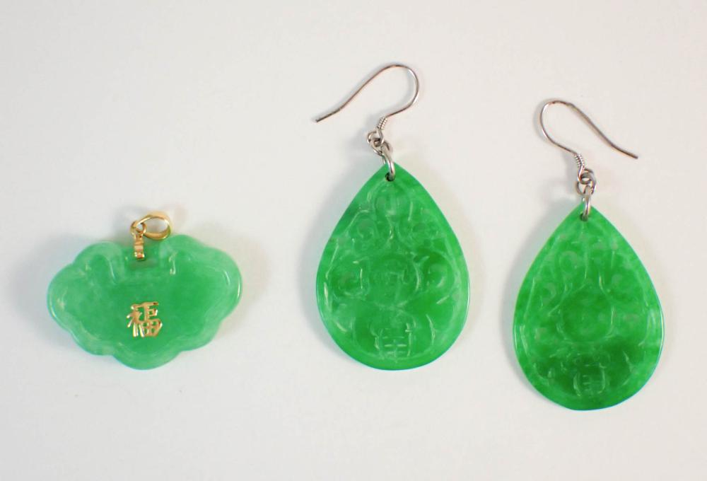 Appraisal: CHINESE JADE AND FOURTEEN KARAT GOLD PENDANT AND EARRINGS The