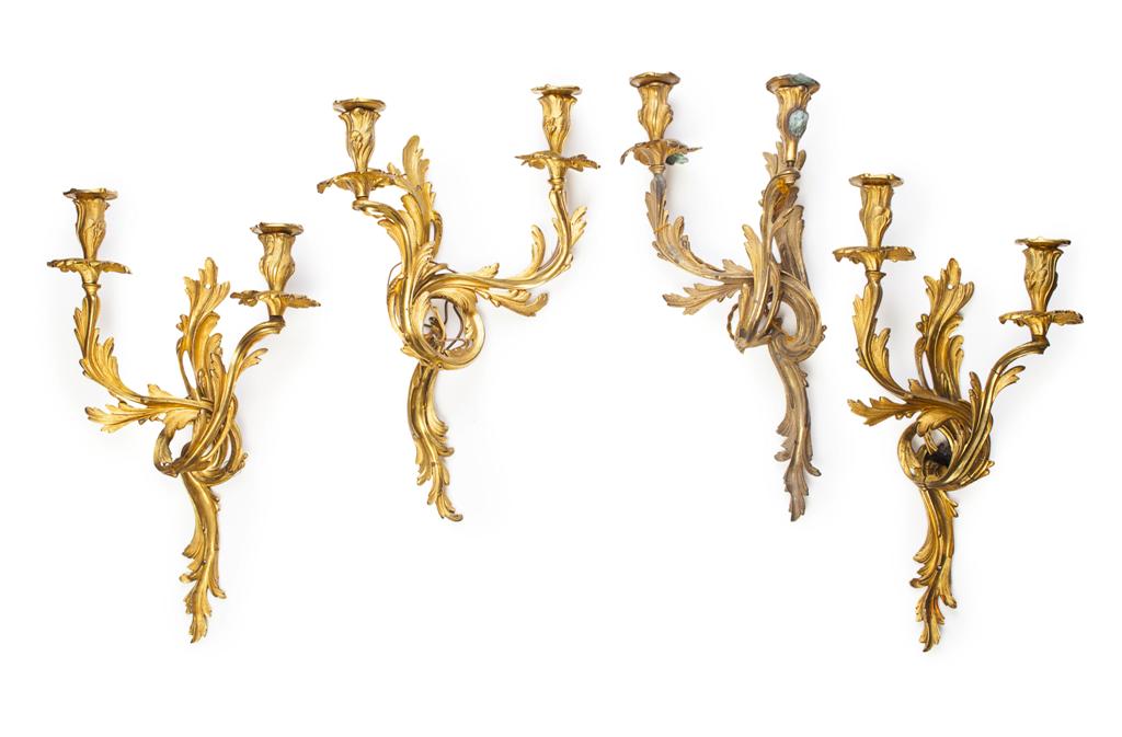 Appraisal: SET OF FOUR LOUIS XV STYLE GILT BRONZE WALL LIGHTS