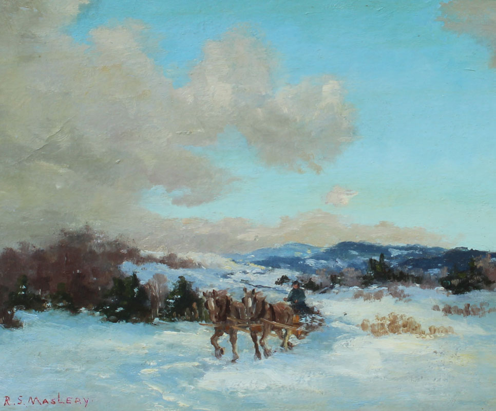 Appraisal: SNOWY LANDSCAPE SLEIGH SCENE SIGNED R S MASLEAY OIL BOARD