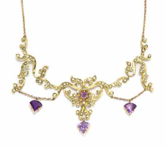 Appraisal: A Karat Yellow Gold Amethyst and Seed Pearl Necklace containing