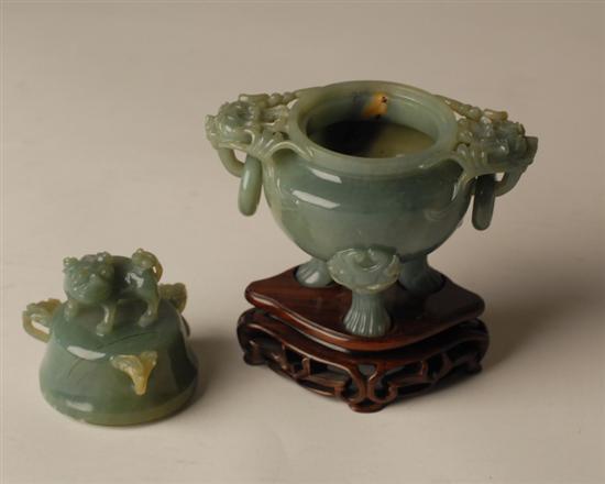 Appraisal: A Carved Green Jade Lidded Vessel with a foo dog