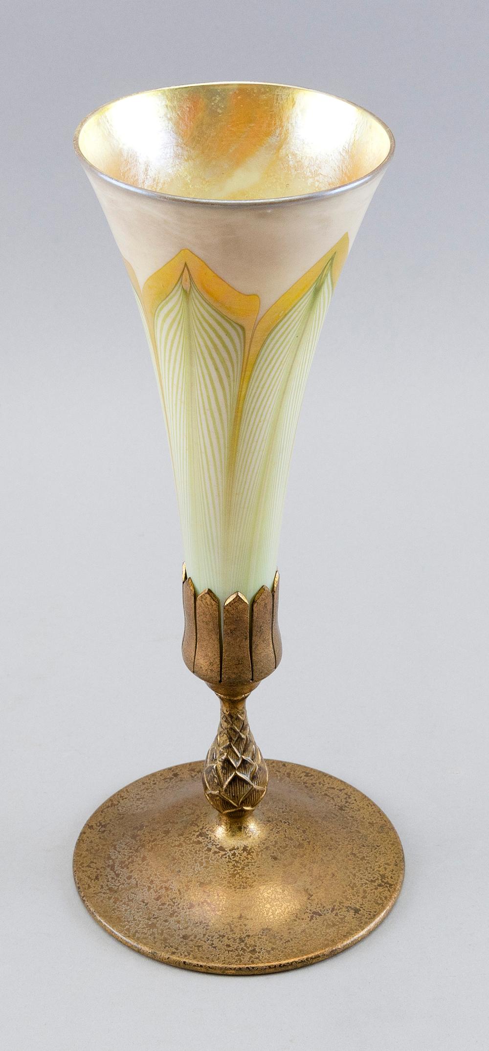 Appraisal: TIFFANY FAVRILE GLASS TRUMPET VASE WITH BRONZE BASE EARLY TH