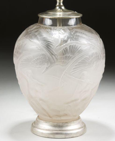 Appraisal: Lalique Archers Vase as a Lamp s- s bulbous form