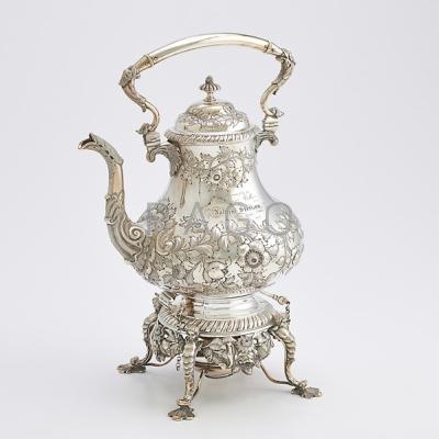 Appraisal: JONES BALL AND POOR COIN SILVER KETTLE ON STAND Pear-shaped