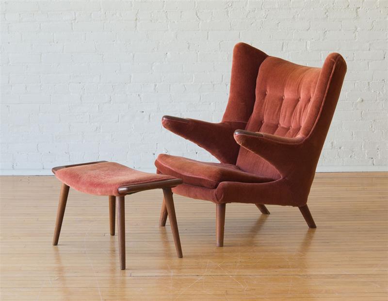 Appraisal: HANS WEGNER PAPA BEAR MOHAIR UPHOLSTERED TEAK CHAIR AND STOOL