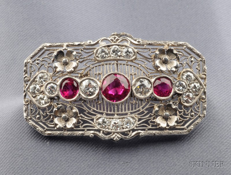 Appraisal: Art Deco Platinum Synthetic Ruby Ruby and Diamond Brooch the