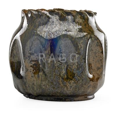 Appraisal: GEORGE OHR - Large dimpled vessel with folded rim tricolor