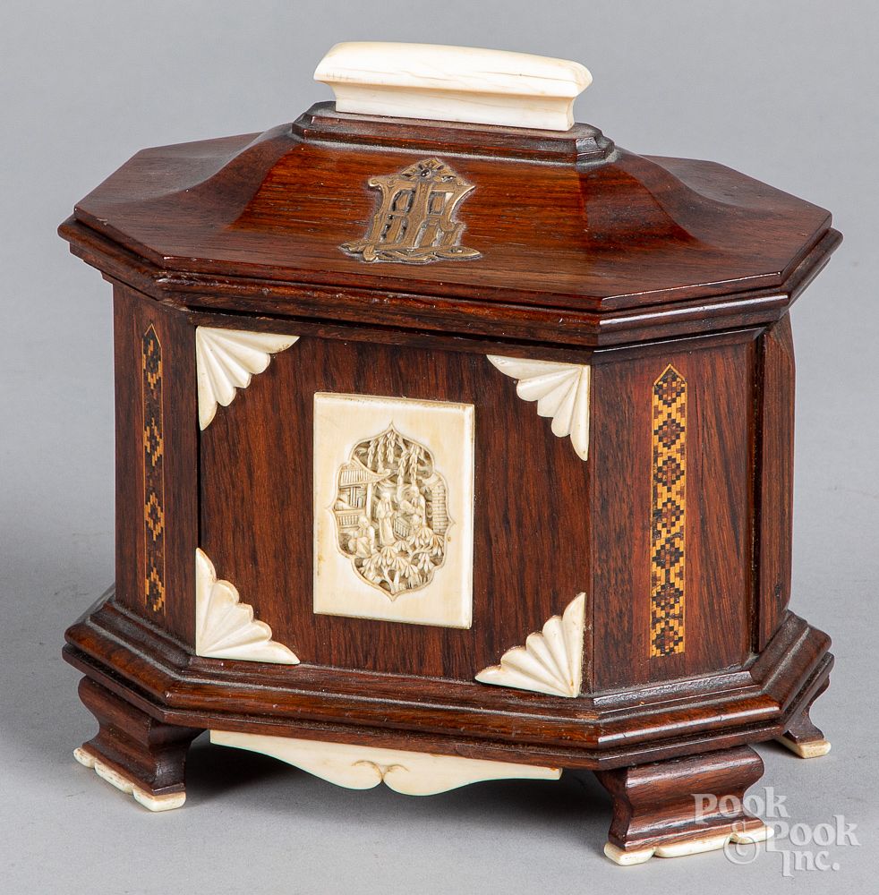 Appraisal: Carved bone and walnut humidor th c Carved bone and