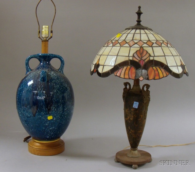 Appraisal: Mottled Blue Glazed Earthenware Bottle Table Lamp Base and a