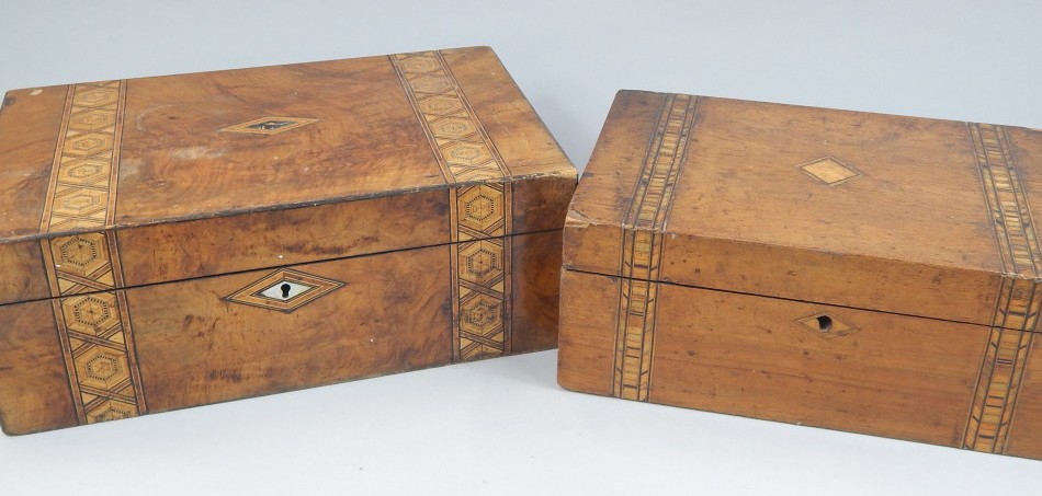 Appraisal: Two Victorian walnut and parquetry boxes one a workbox the