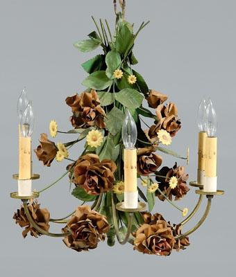 Appraisal: Toleware chandelier central floral arrangement with multi-colored flowers and leaves